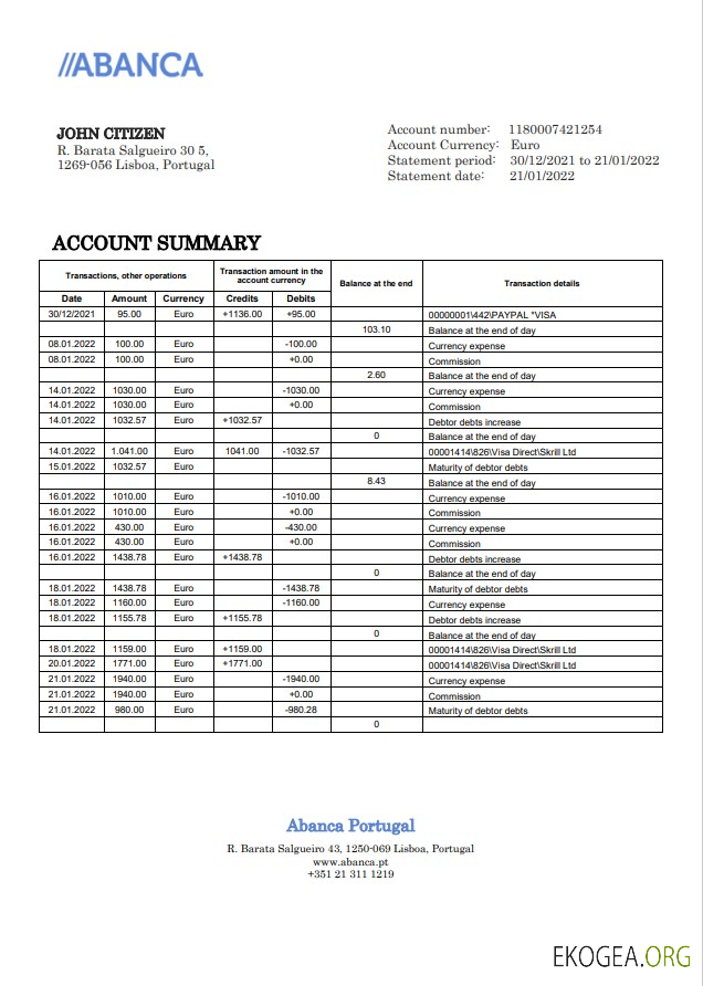 Relevé bancaire d'Abanca au Portugal